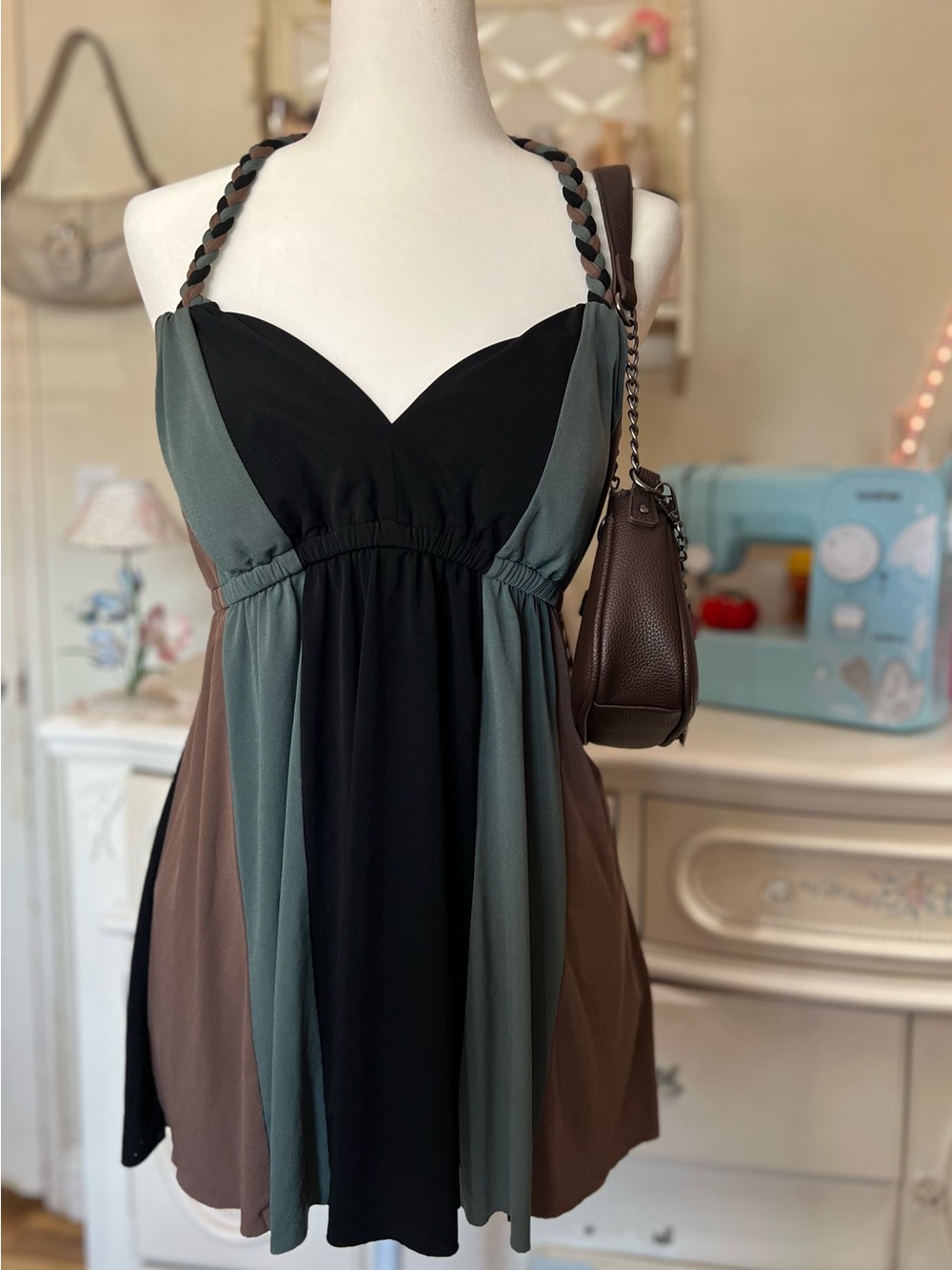 Bisou Bisou Colorblock Halter Mini Dress in Black, Olive & Brown